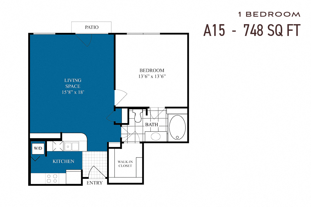 Floor plan for 1 bed, 1 bath, 748 sqft